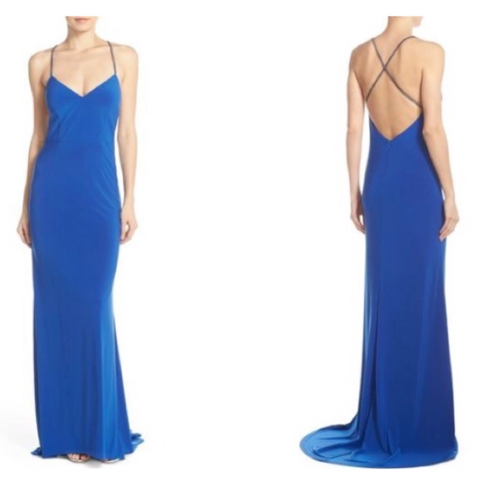 NEW Adriana Papell Bejeweled Jersey Gown Royal Blue  Size 8